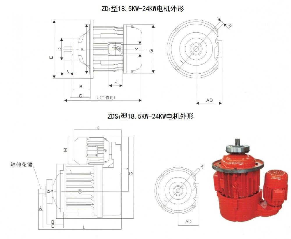 Kích thước động cơ ZD1, ZDS1 18.5KW~24KW